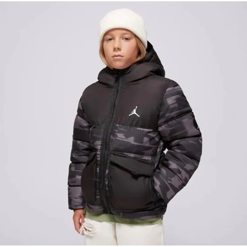 Kids Jordan Puffer Jacket Black Camo Full Zip Hooded Winter Warm Size M 10 12